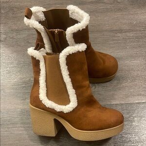 torrid Tan Suede Platform Ankle Boots with White Faux Fur Trim